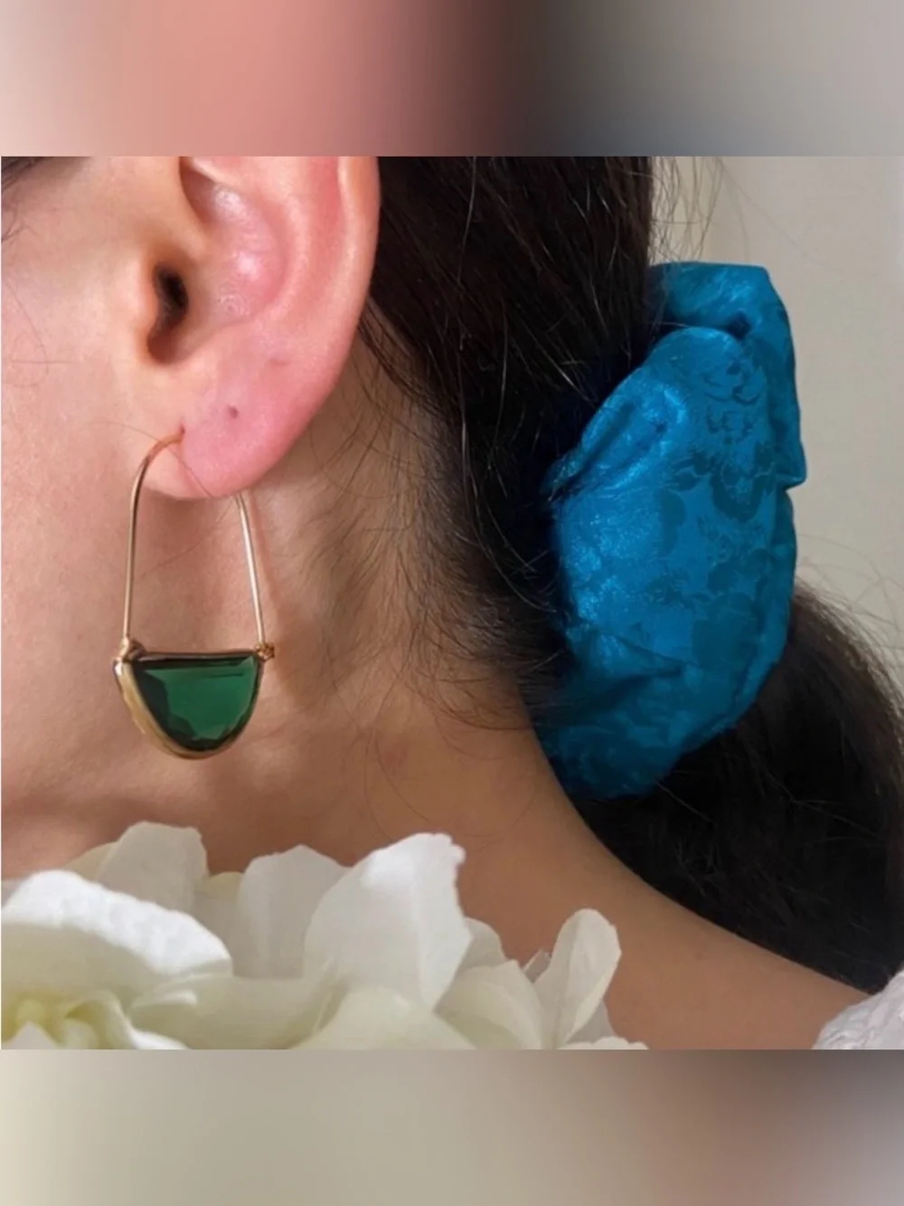 Crescent Green Glass Hoop Earrings - Women Jewelry